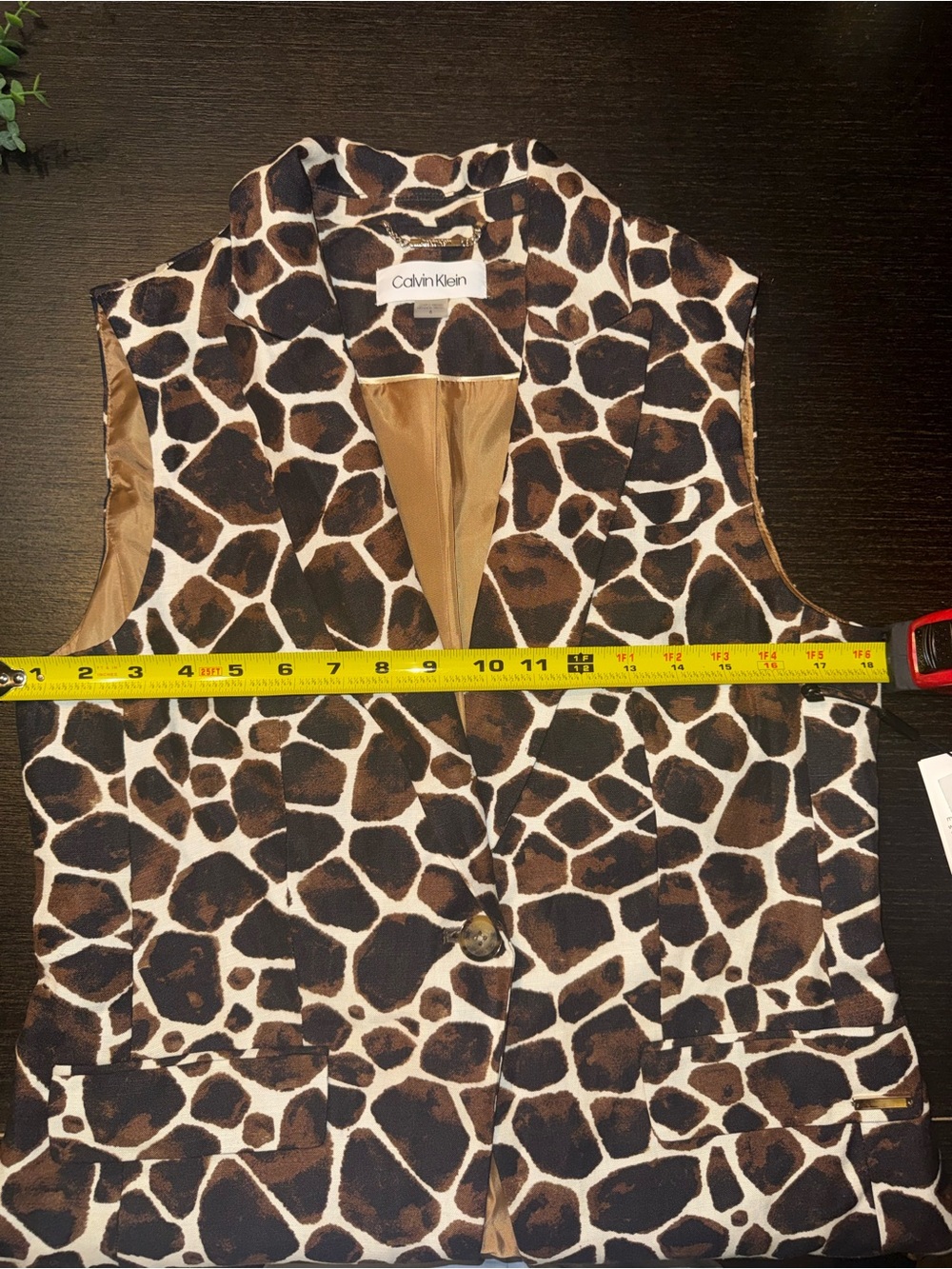 NWT Calvin Klein Brown Black Cream Giraffe-Print Sleeveless Blazer Linen Blend - Picture 3 of 6
